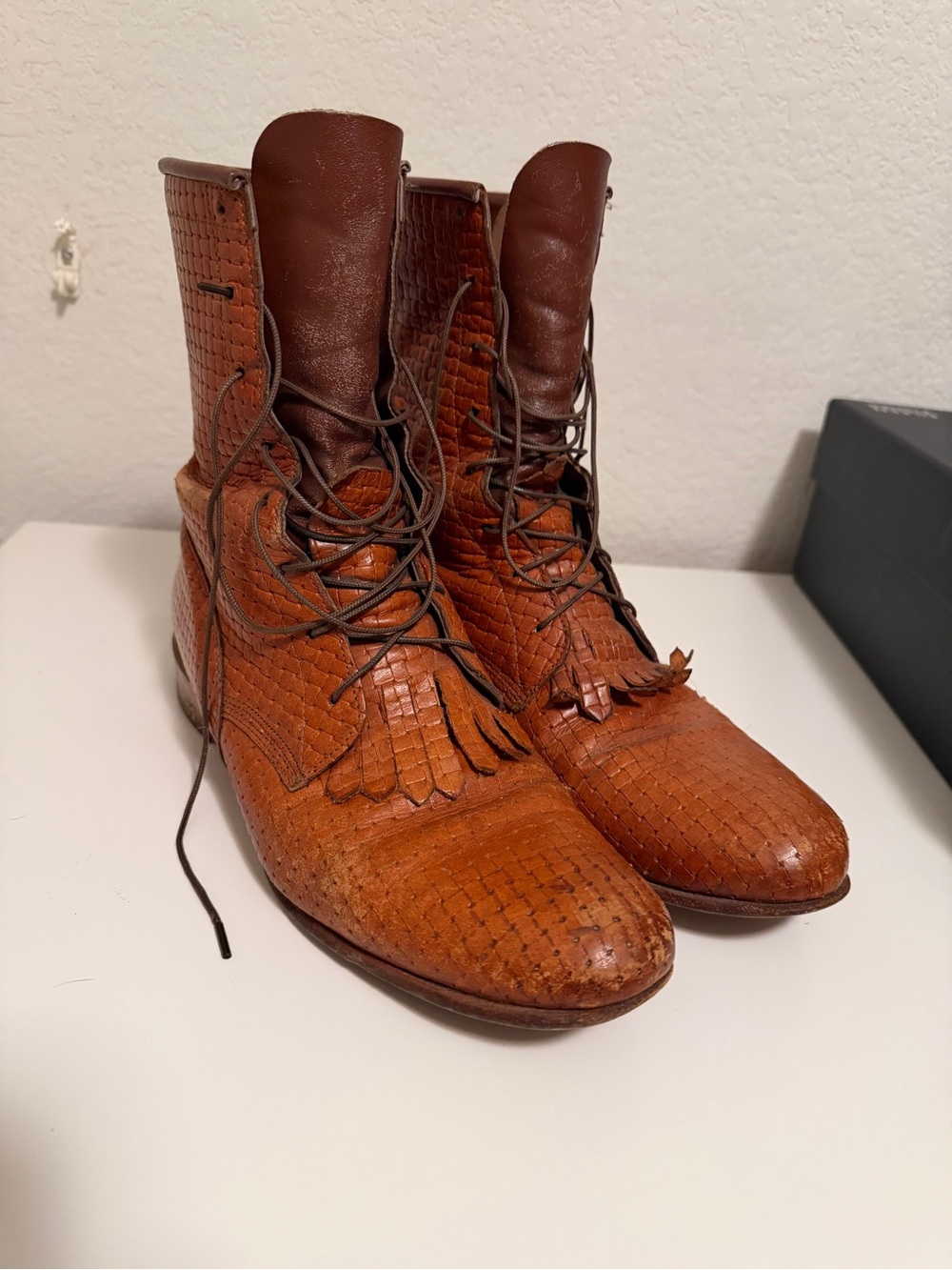Vintage Justin Boots Tan/Brown Woven Leather Ankle Booties with Fringe Lace Up
